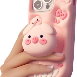 Cute 3D pig pop-up stand phone cases, cute cartoon animal phone cases, suitable for girls, boys, children, teenagers and women, pink.