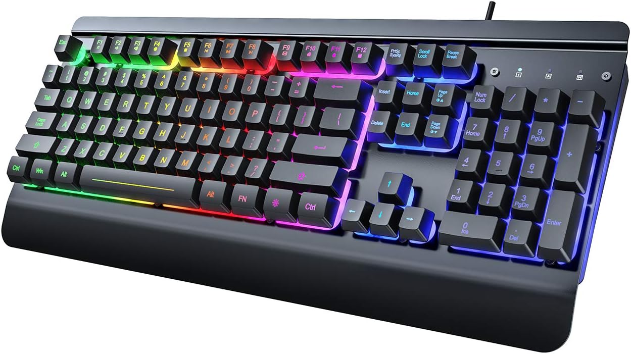 All-Metal Panel Gaming Keyboard with Rainbow Backlighting, Quiet Keys, and Wrist Rest