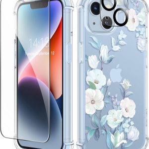 Floral Pattern Phone Case, with Screen Protector + Camera Protector, [Non-Yellowing] Soft Shockproof Transparent Phone Case, Floral Pattern Design, 6.1-inch (Hibiscus)