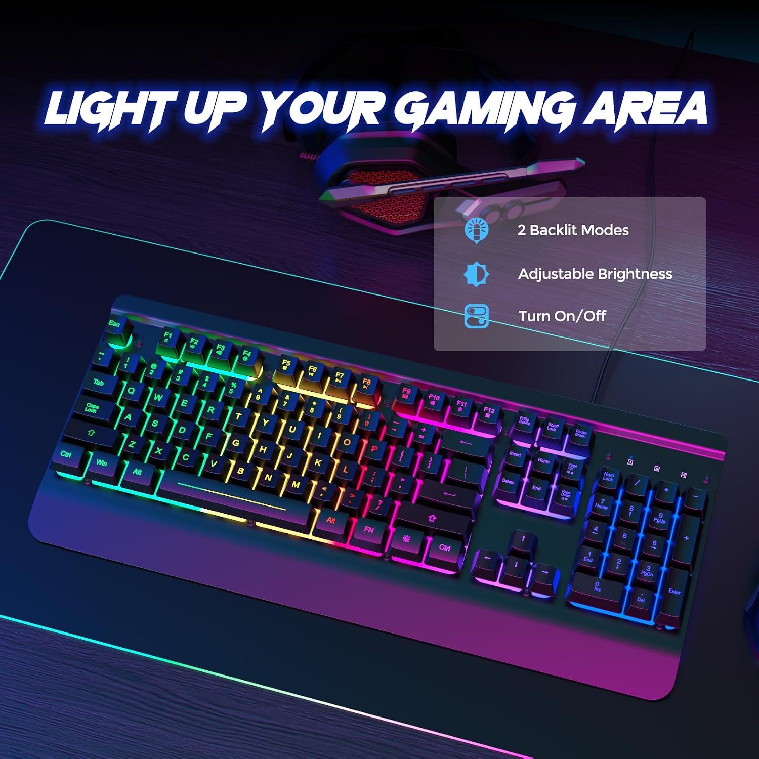 All-Metal Panel Gaming Keyboard with Rainbow Backlighting, Quiet Keys, and Wrist Rest - Image 2
