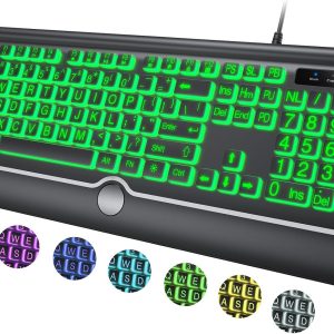 Large-Print Backlit Keyboard with Wrist Rest – 7-Color Backlight, USB Plug-and-Play