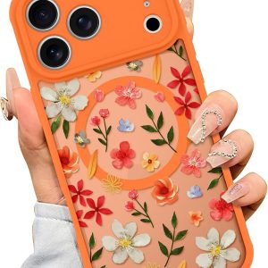 Magnetic phone case [compatible]. Cute Orange and Blue Floral Pattern Soft TPU Frame Hard PC Backplate Drop-Proof Shockproof Ultra-Thin Protective Case