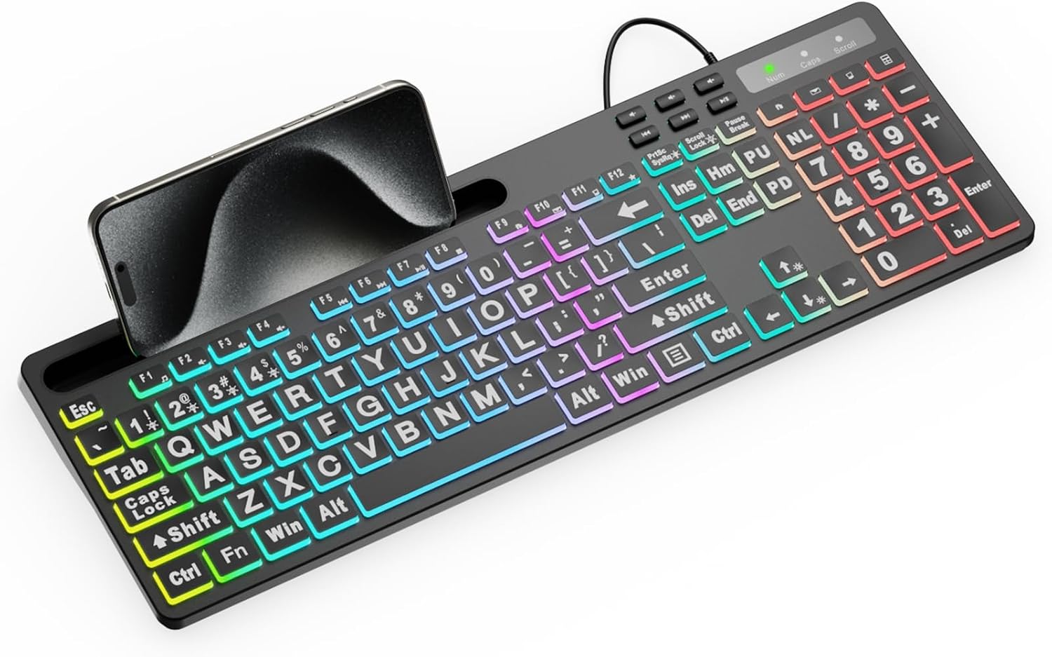 Full-Size Backlit Keyboard with Large-Print Keys, 7 Colors, 11 Modes, Stand, and Quiet Keys