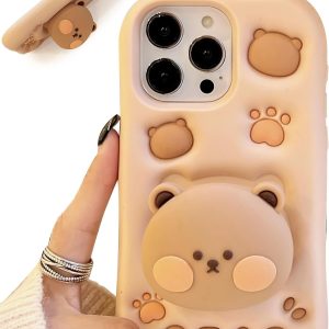 Kawaii 3D teddy bear phone case (with stand and grip), cute girl cartoon animal phone case, suitable for girls, boys, children, teens and women, tan