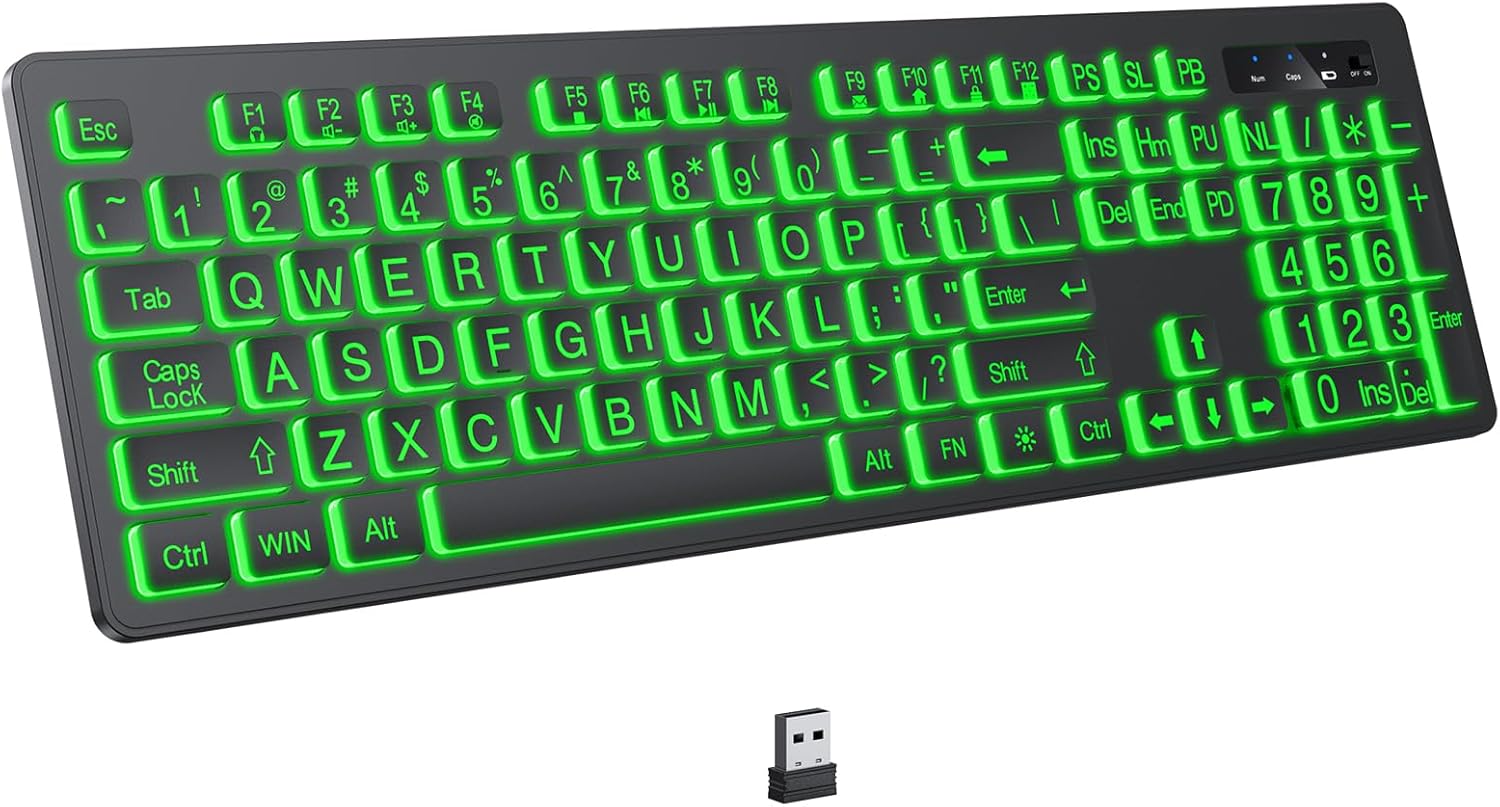 Full-Size Wireless Backlit Keyboard with Large-Print Keys (2.4G, Silent, 7-Color Lighting)