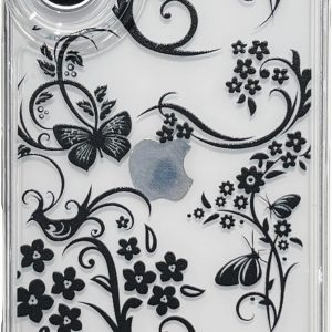 Retro black flower and butterfly transparent soft case.