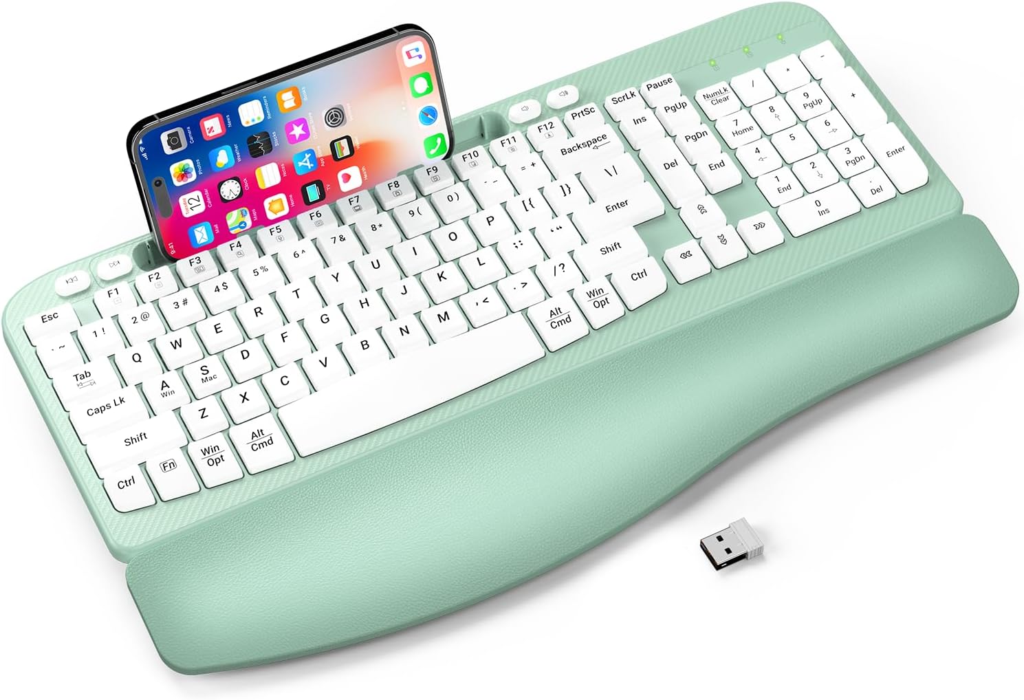 Ergonomic Wireless Keyboard with Cushioned Wrist Rest, Wave-Style Keys, and Phone Holder