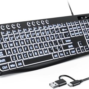 Wired Keyboard with Large-Print Keys & Dual Interface (Type-C/USB) – White Backlight