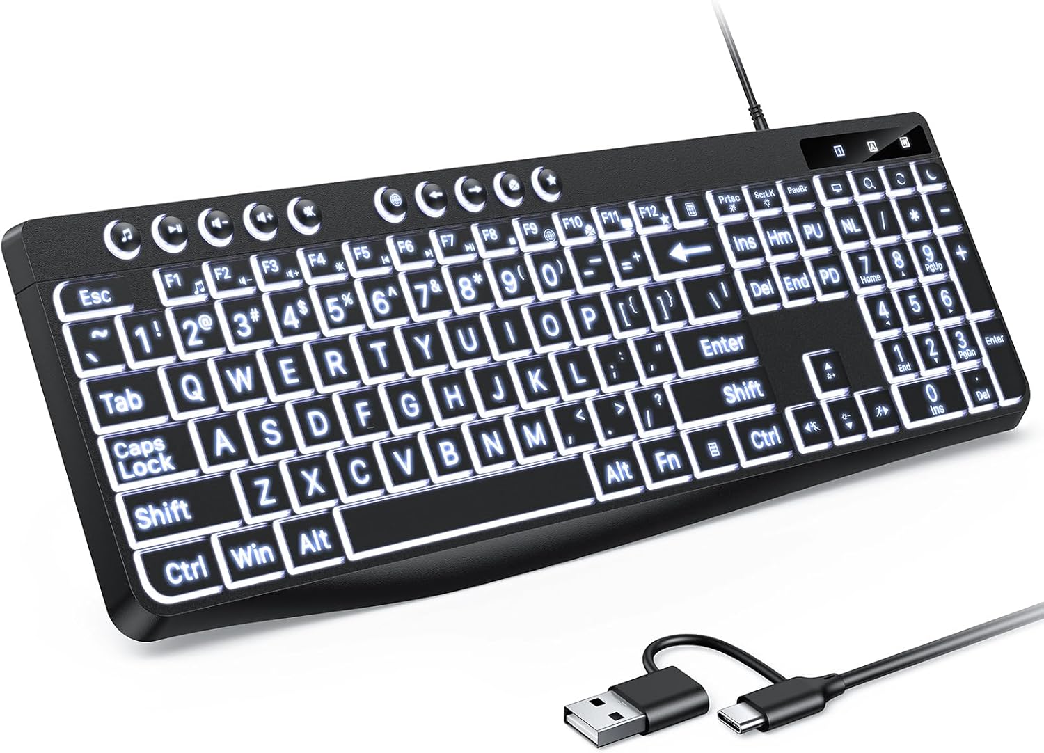 Wired Keyboard with Large-Print Keys & Dual Interface (Type-C/USB) – White Backlight