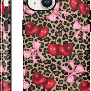 Cute cherry pink bow retro leopard print phone case, beautiful, durable, shockproof 2-in-1 silicone + hard PC design, suitable for girls, women, and men.