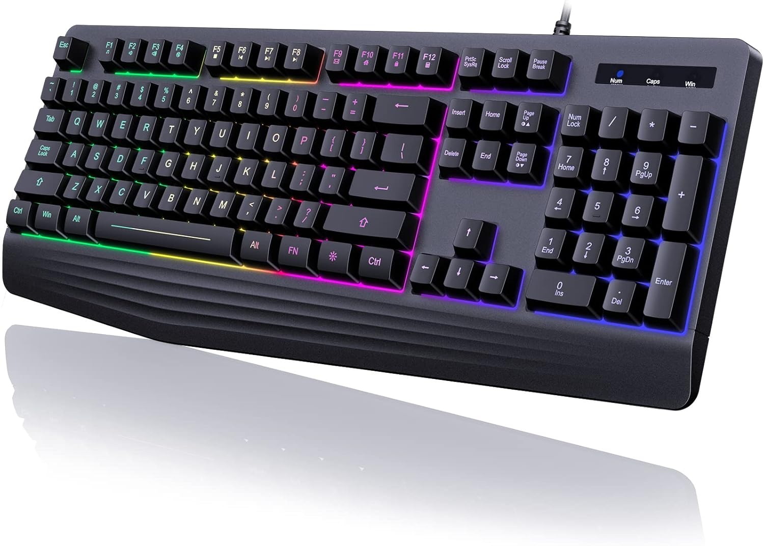 Gaming Keyboard: 7-Color Backlight, 104 Keys, Quiet Operation, Wrist Rest, Water-Resistant