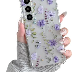 Transparent Floral Pattern Printed Design, Flexible TPU Shockproof Protective Case, Floral Pattern Phone Case, Purple Cosmos