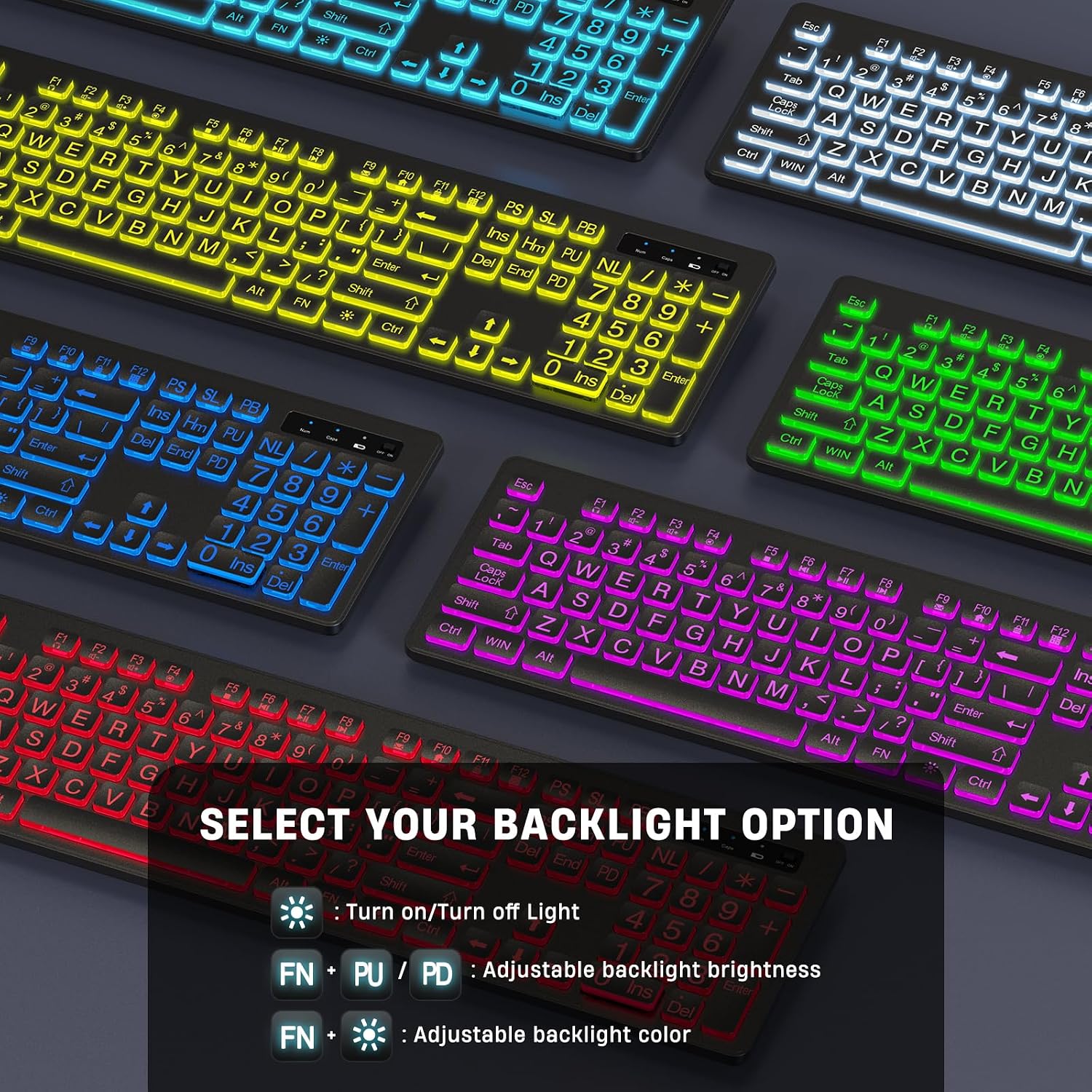 Full-Size Wireless Backlit Keyboard with Large-Print Keys (2.4G, Silent, 7-Color Lighting) - Image 2